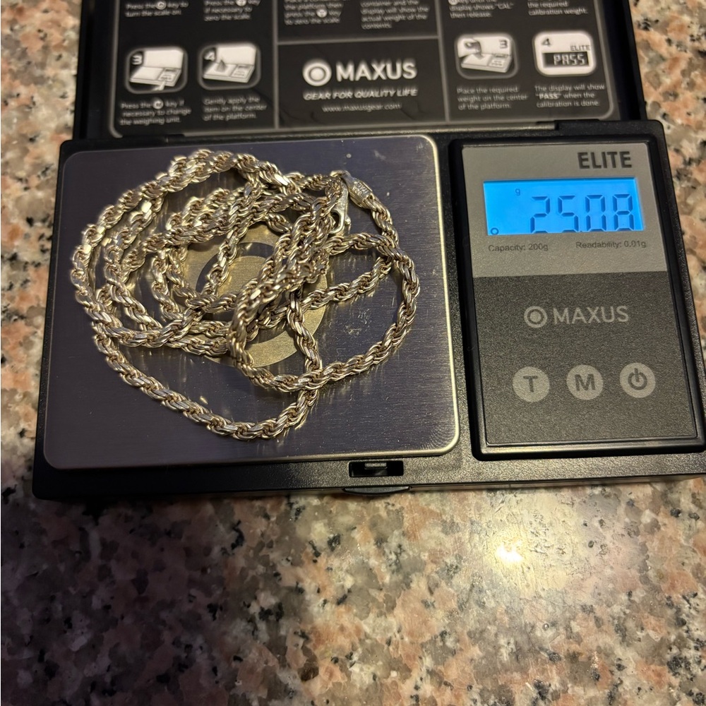 Solid Italian sterling silver rope chain.